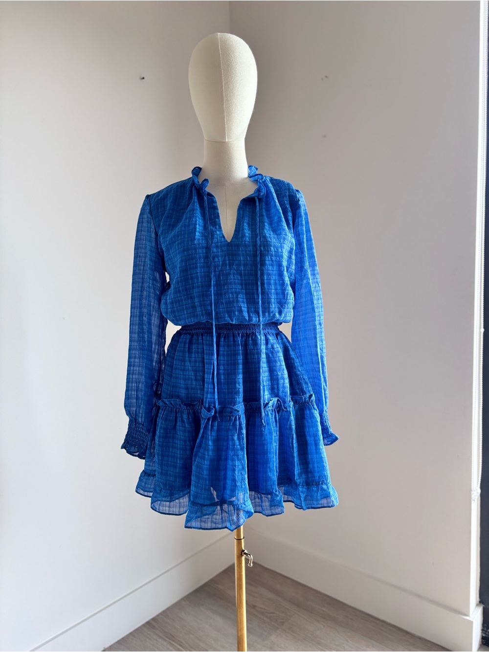 NSR Royal Blue Plaid Tiered Ruffle Long Sleeve Mini Dress Smocked Waist M